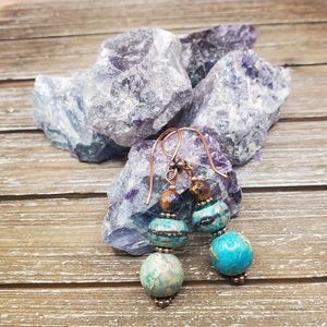 Aqua Imperial Jasper, Lampwork and Tigers' Eye Drop Earrings